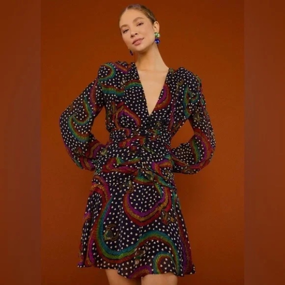 FARM RIO Rainbow Oxen ruched long sleeve Mini Dress NWT